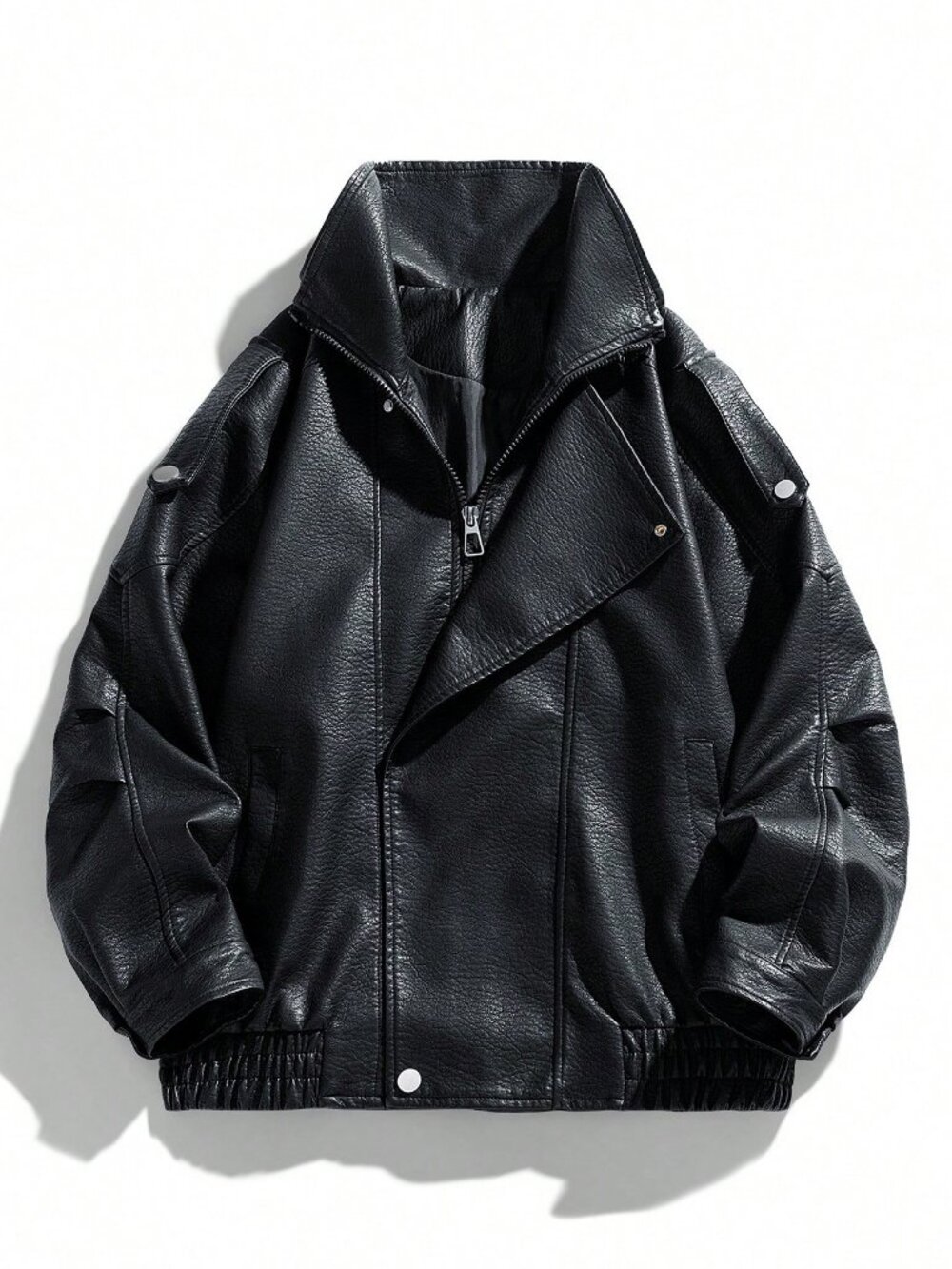 Black Casual Men's Faux Leather Zip-Up Lapel Jacket
